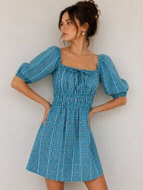 Rails Blue Plaid Brenda Augusta Puff Sleeve Babydoll Mini Dress Smocked S